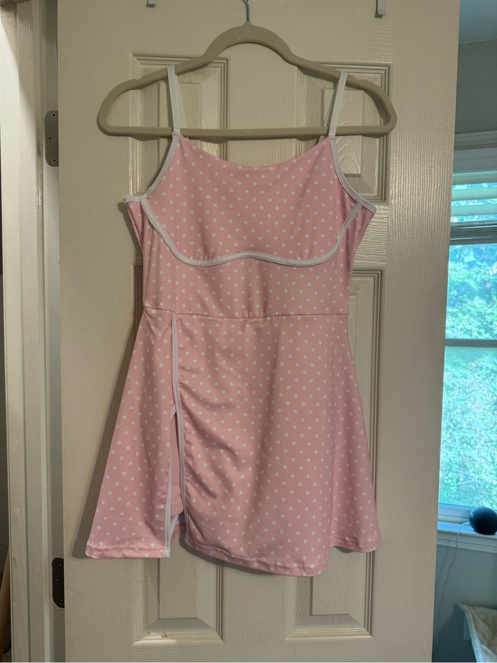 SHEIN Pink Polka Dot Spaghetti Strap athletic Dress with White Trim